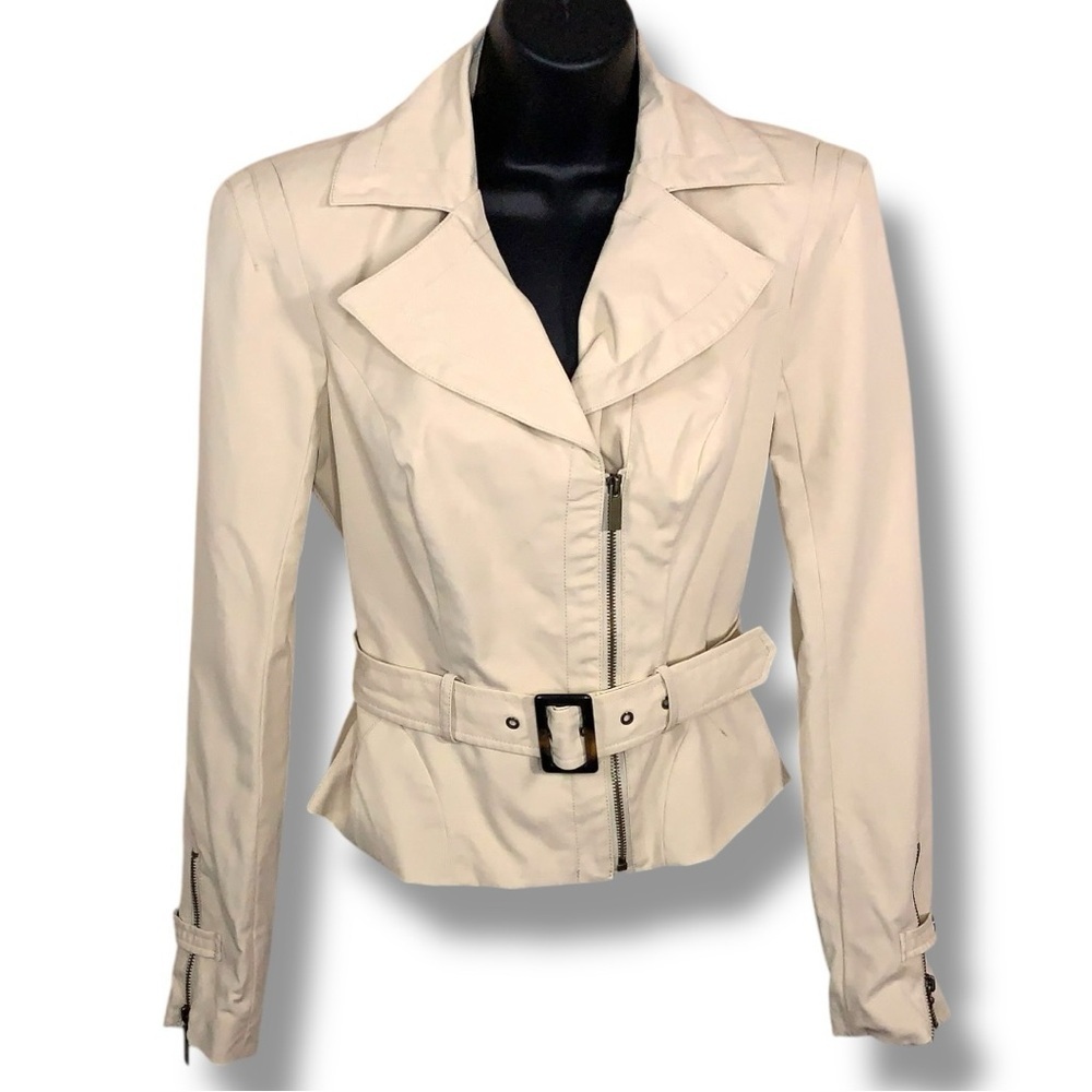Small Bebe Light Beige Belted Jacket Moto Windbreaker Long Sleeve Lined Neutral
